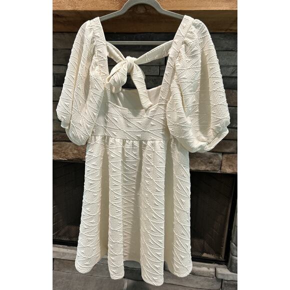 Women’s FREE PEOPLE Puff Sleeves Ivory Violet Mini square neck Dress Size L *C2 - Picture 4 of 6